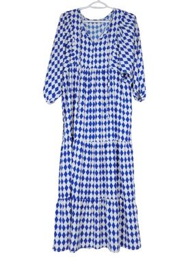 MIDUO Womens Medium Blue White Geometric Maxi Dress Tiered Boho Resor
